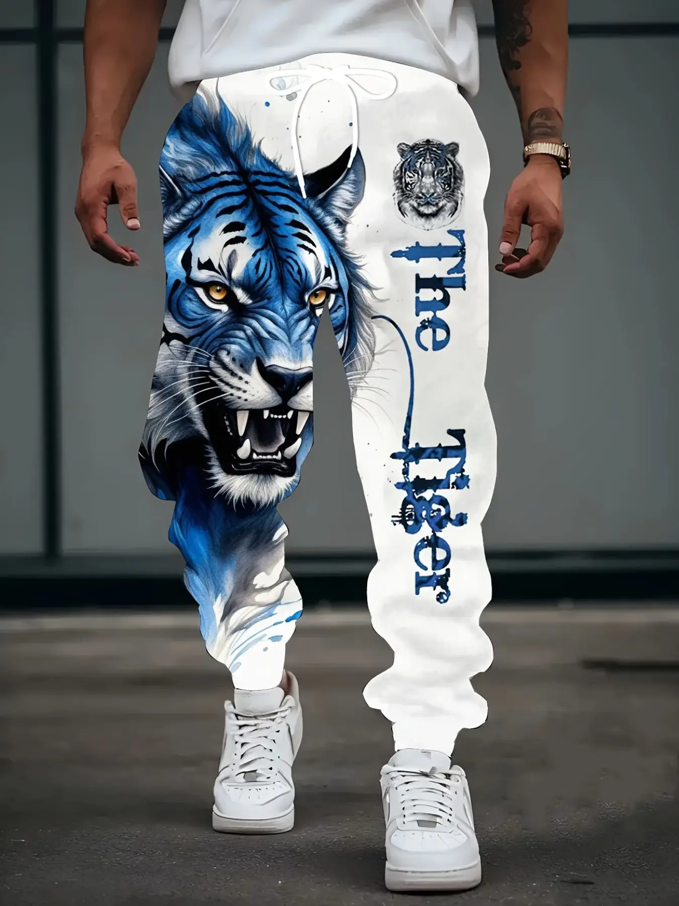 Men's American Retro Style Long Pants, 3D Tiger Pattern, Loose-Fitting, Mid Waist, Casual Sweatpants for Running and Outdoor Activities