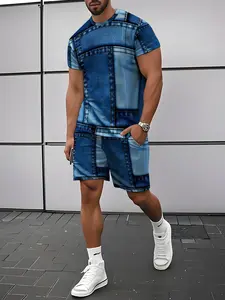 Men's patchwork denim print short-sleeved suit, fashionable and casual street style two-piece set, summer short-sleeved men's clothing.