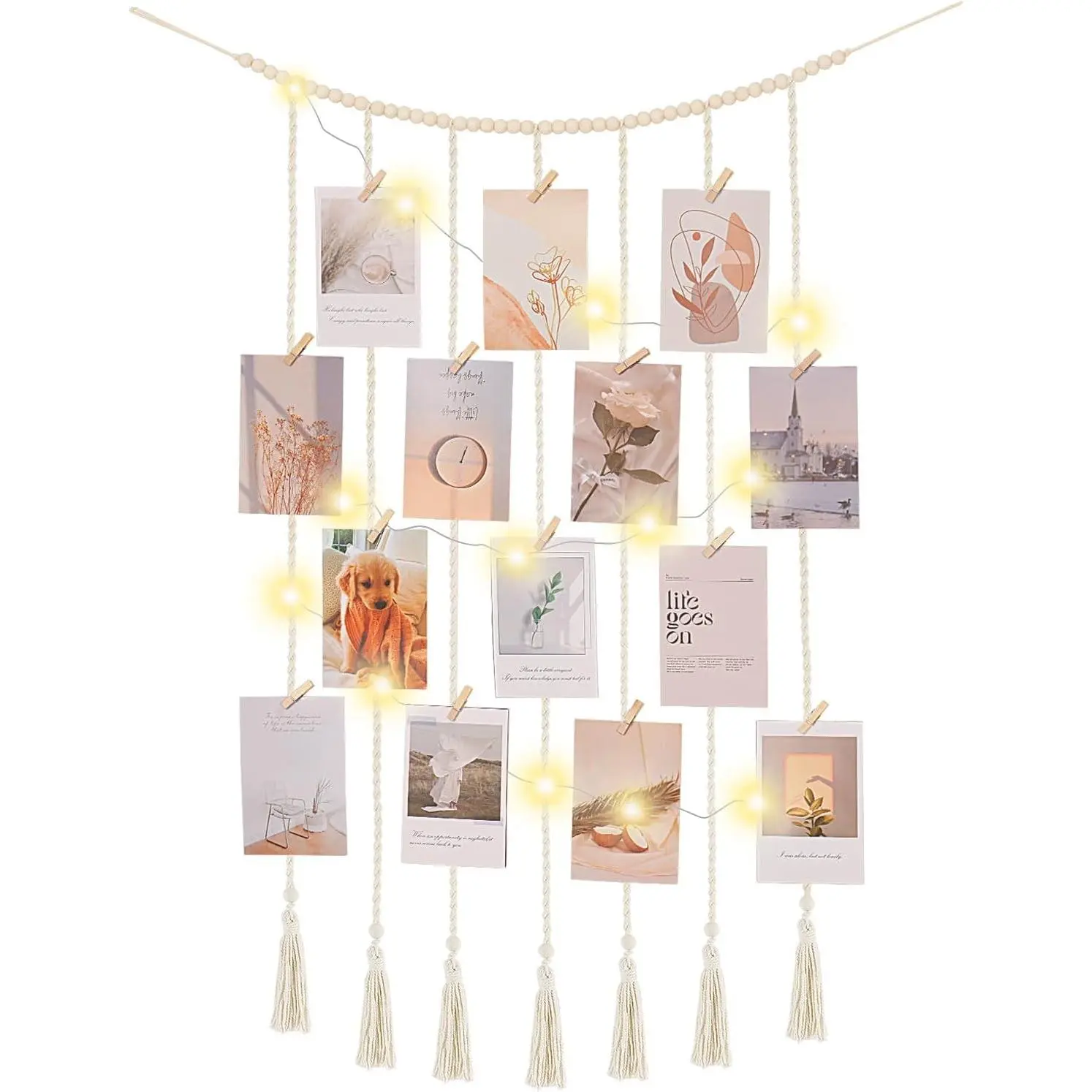 Macrame Hanging Photo Display Boho Wall Decor with String Lights Wooden Beads Garland Picture Frame Collage Holder with 30 Clips for Room, Bedroom, Dorm, Christmas Teenage Teen Girl Gifts (Beige, Medium)