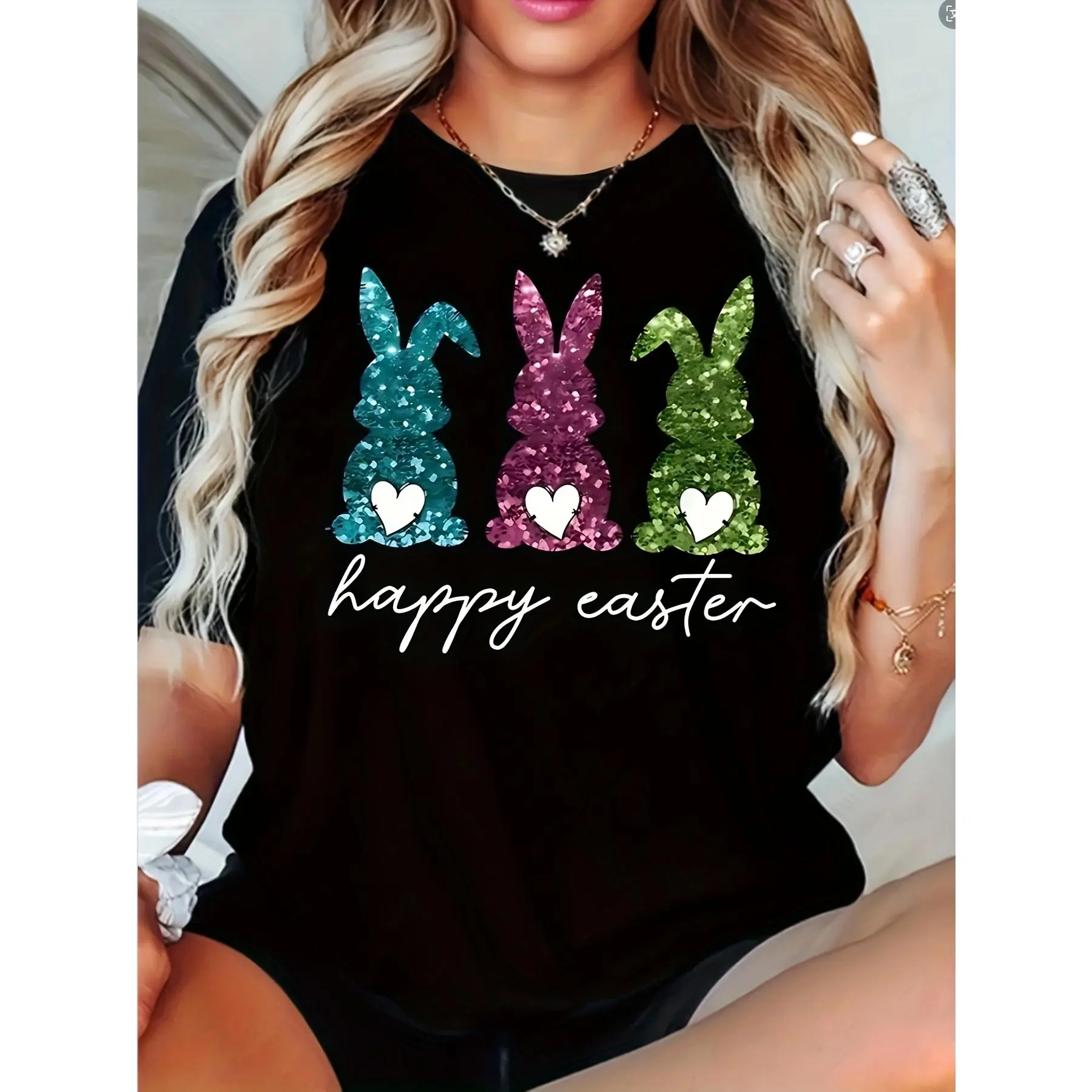 Women'S Easter Bunny Pattern T-Shirt - Casual Round Neck, Short Sleeves, Rayon Blend T-Shirt Featuring Colorful Bunny Prints, Playful T-Shirt |   Humorous Fashion |   Glossy Texture