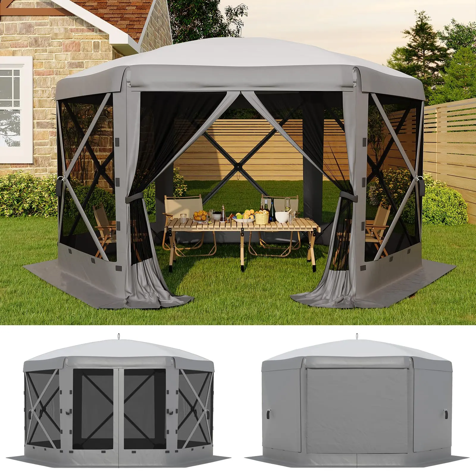 Outdoor Mesh Canopy Tent, 11.5x11.5 FT Quick Setup Screen House, Equipped with 6 Wind Panels, Weatherproof for Camping and Yard Use