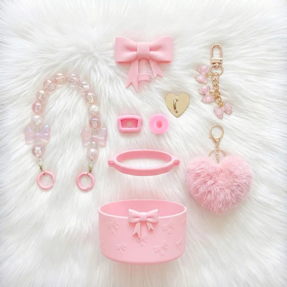 9pcs Bow Coquette Pink Accessories Set for 40oz/30oz Tumbler - Includes Pearl Handle Chain, Silicone Boot, Straw Cover, Heart-Shaped Charm & Spill Stoppers, Water Bbottle Charms Aesthetic - Cute Preppy Aesthetic Gift for Women Girls（No Cup)
