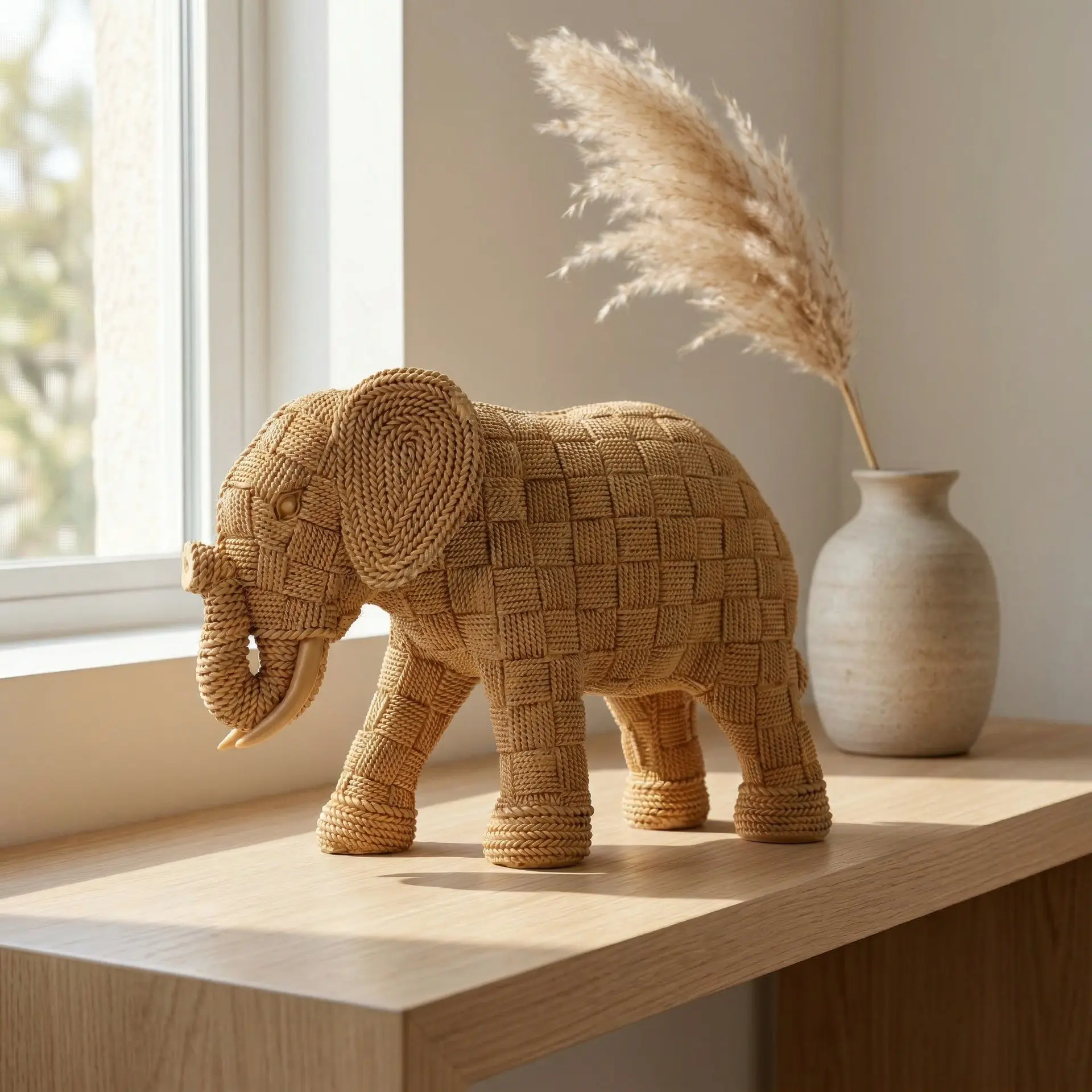 Synthetic Resin Elephant Ornament, Woven Texture Design, Natural Wood Tone, Ideal for Bookshelves, Entryways, Desks, Home Decor, Gift Option