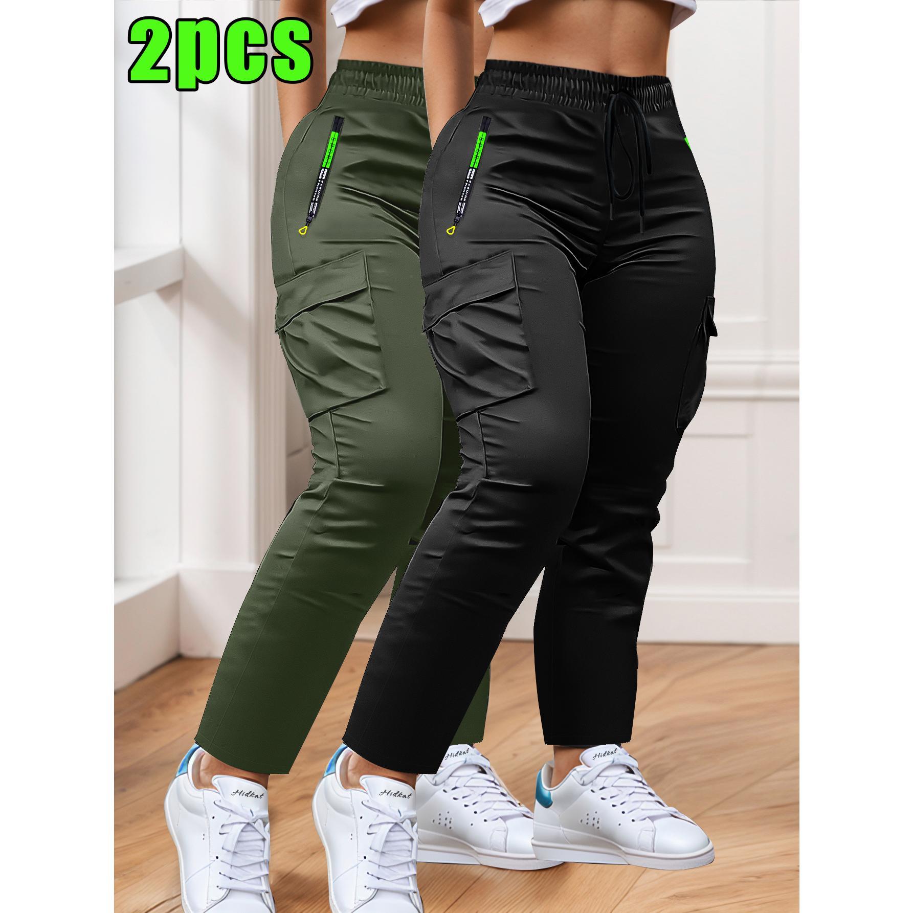 2-Pcs Women's Work Pants - Non-Stretch Full-Length Trousers, Adjustable Drawstring Waist for Gym/Outdoor/Daily Wear