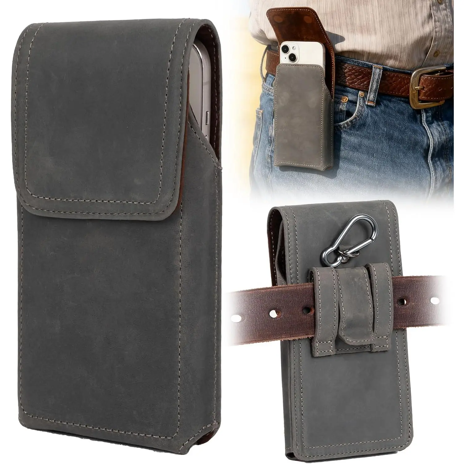 Leather Phone Holster - Genuine Full-Grain Buffalo Leather Cell Phone Holsters - for  16, 15, 14, 13pro, Galaxy S24, S23, S22-7.3" X 3.8" (Gray, Large)