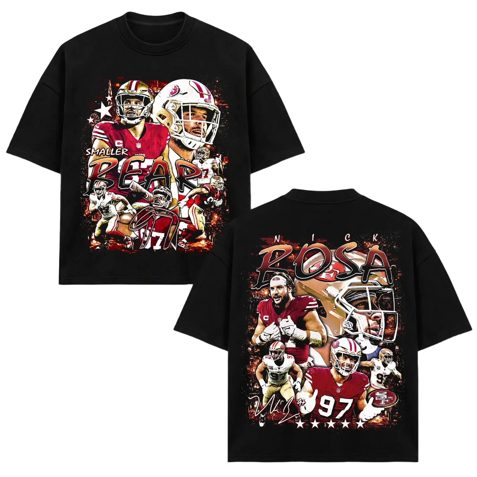 [Sale Up To 50%] Unisex Nick Bosa # 97 T-Shirt, SF Football Defensive End Tee, SF Number 97 Merch, Red Gold BOSA Front Print Graphic Apparel, Defensive End Retro 90s Bootleg Sports Wear, Football Fan Heritage Gift, Men Women Heavyweight Oversized Clothing