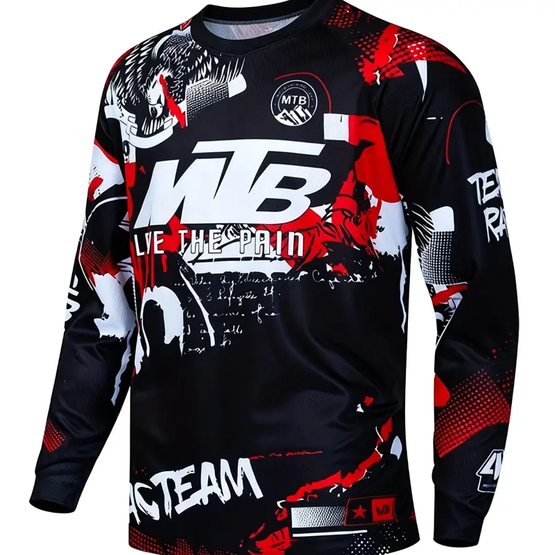 Men's MTB Mountain Bike Long Sleeve T-Shirt, Cycling Shirt, Cycling Sports Wear, Graffiti Eagle 'live the Pain' Print, Quick-Dry Top, Casual Sporty Top, Casual Loose Fit, All Seasons, Sportswear Clothing