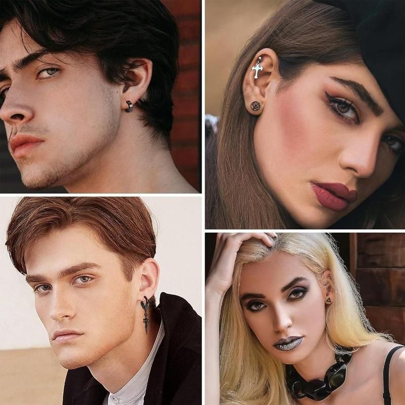 FINREZIO 22 Pcs Dangle Earrings for Men Stainless Steel Hinged Huggie Hoop Earrings Punk Long Chain Stud Snake Feather Sword Dangle Kpop Earrings for Men Black and Sliver Tone Daily