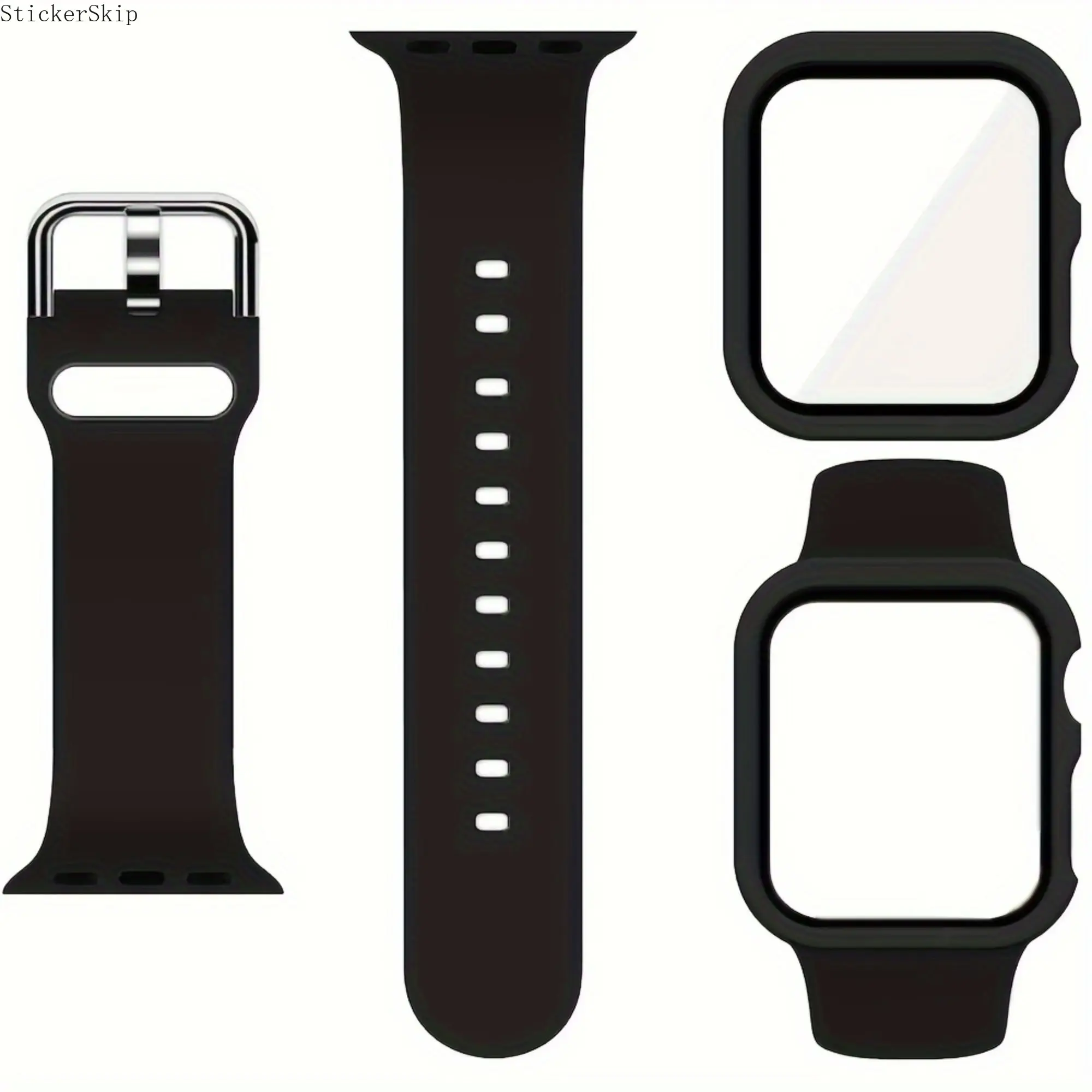 2‑Pcs Set Silicone Sport Watch Band & 2‑in‑1 Tempered Glass Protective Case, Comfortable Adjustable Waterproof Ultra‑Thin Accessory Kit Compatible with Apple Watch Ultra SE Series 1‑11 38/40/41/42/44/45/46/49mm, For Men Women Daily Sports Wear (Band & Cas