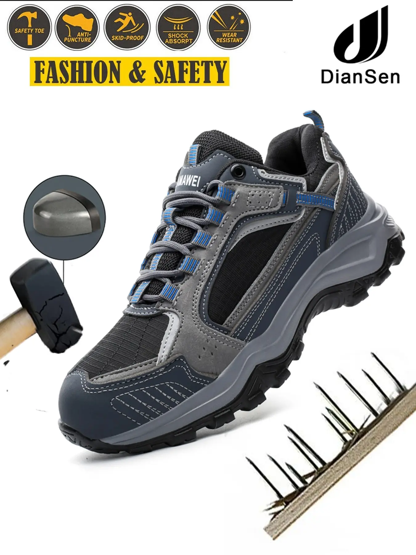 Men's Anti-Impact Steel Toe Work Shoes, All Season Outdoor Sport Safety Footwear, Comfortable Lightweight, Non-Slip, Construction Use