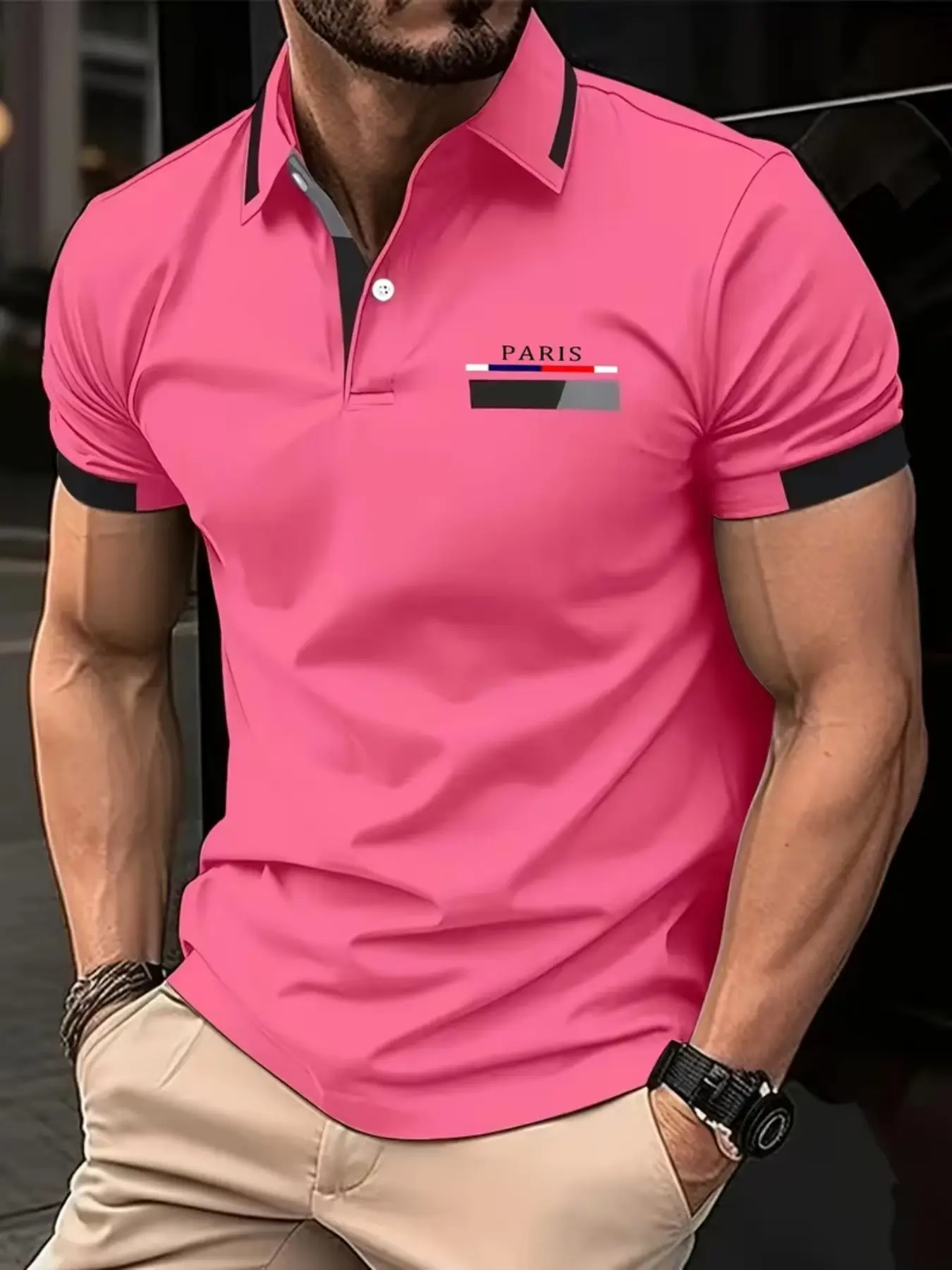 Summer Fashion Classic Men's Casual Polo Shirt, Button Front, Solid Color, Chest Icon Print Pattern, Sporty Style, Slim-Fit, Short Sleeve, All Seasons