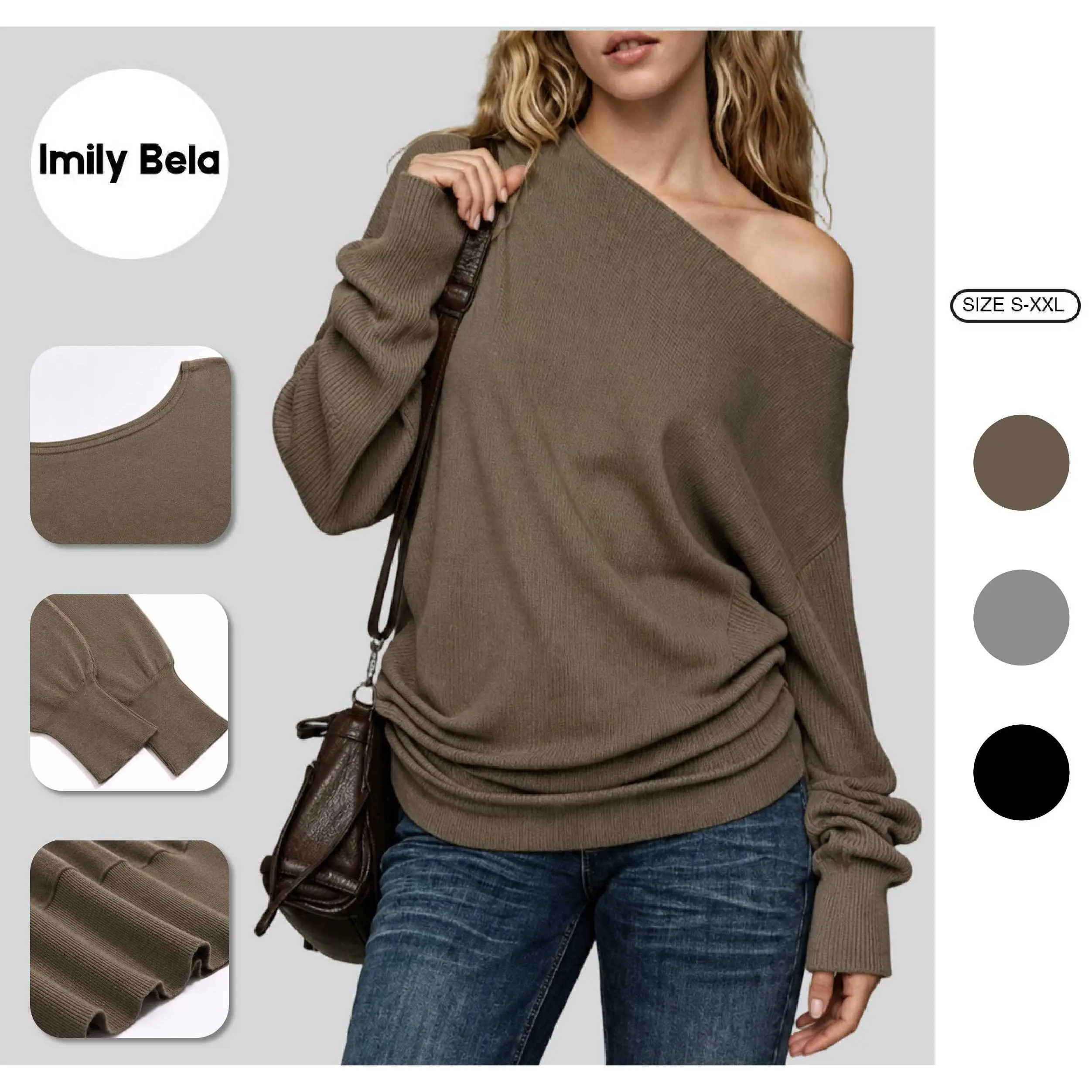 Imily Bela Womens Off The Shoulder Sweater  Women's Asymmetrical Cold Shoulder Ribbed Knit Top Side Ruched Loose Long Sleeve Casual Blouse