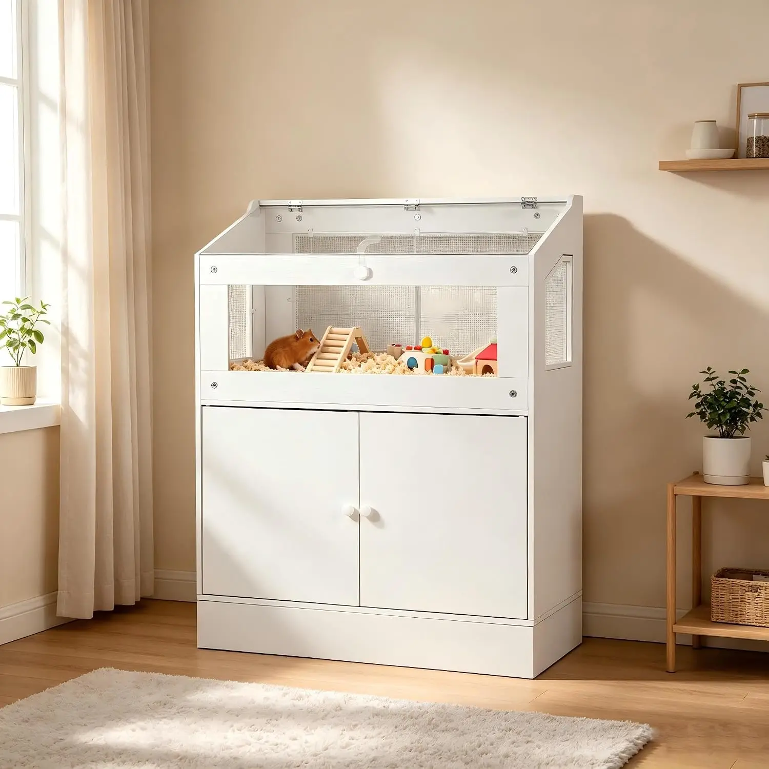 Hamster Cage with Storage Cabinet, Modern Small Animal Cage, Ventilated Wire Mesh & Clear Visual Acrylic Panel Hamster Cage, Leak-Proof Easy Clean Habitat for Hamsters, Rabbits, Hedgehogs Indoor Home Use, 31.5" W × 15.74" D × 42.51" H