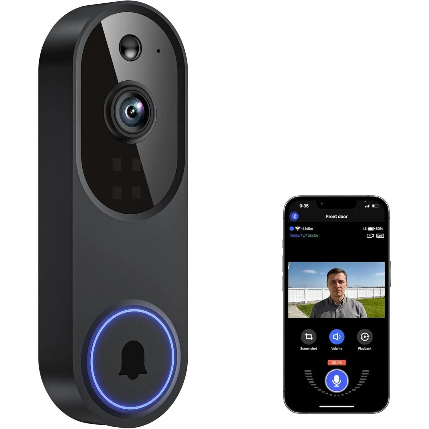 Wireless Smart Doorbell Camera with Wi-Fi, AI Motion Sensor, 1080p HD Video, 2-Way Audio, Night Vision, 120° Wide View, Water Resistant – Wireless Doorbells for Home Security, Videodoorbellcamera for Camping & Hiking, Visual Intercom, Battery, App Control
