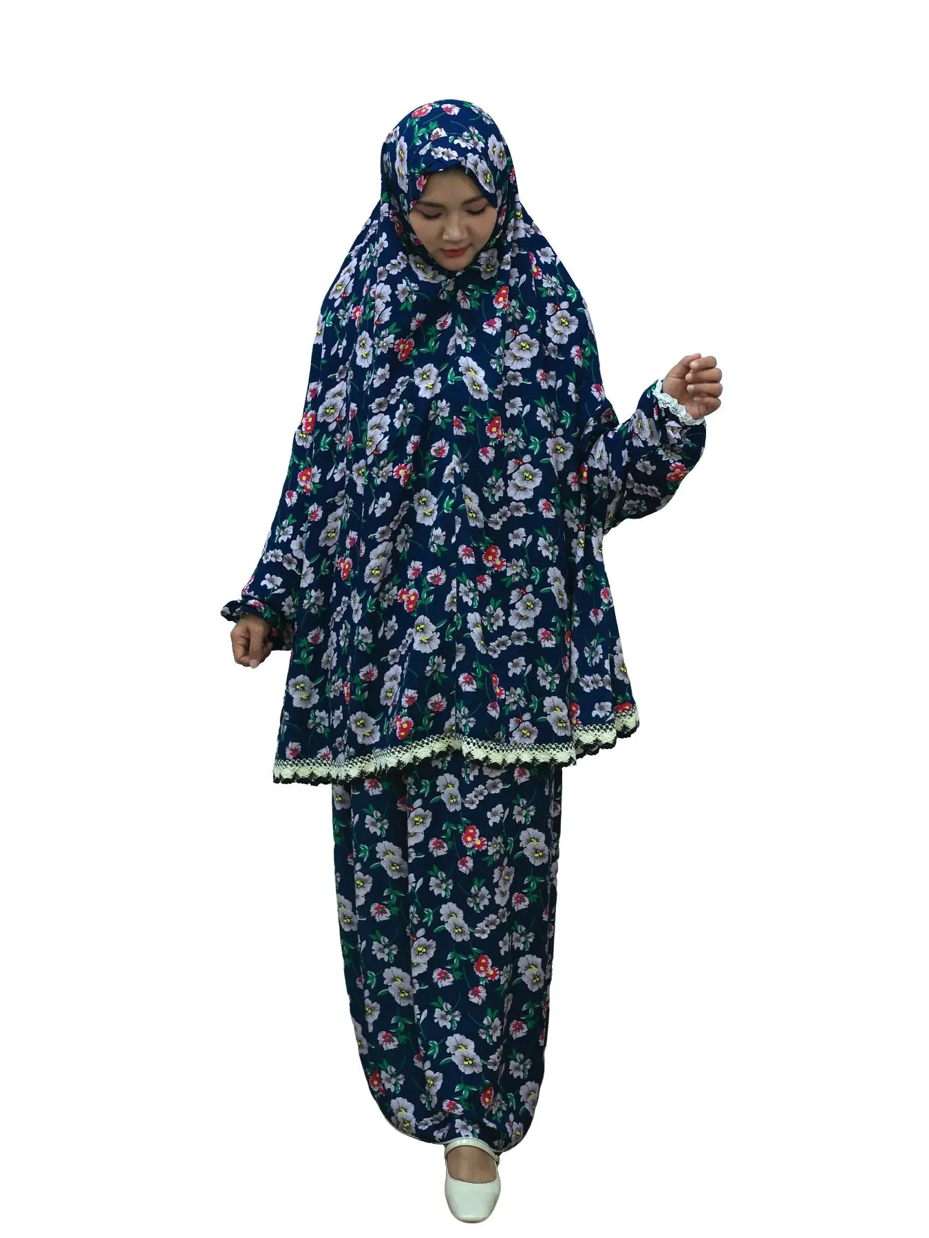 Indigo Floral Print Lace Hem Prayer Robe, Ramadan Exclusive Set, Modest Traditional Long Sleeve Suit for All Seasons Ceremony Wear For Muslim