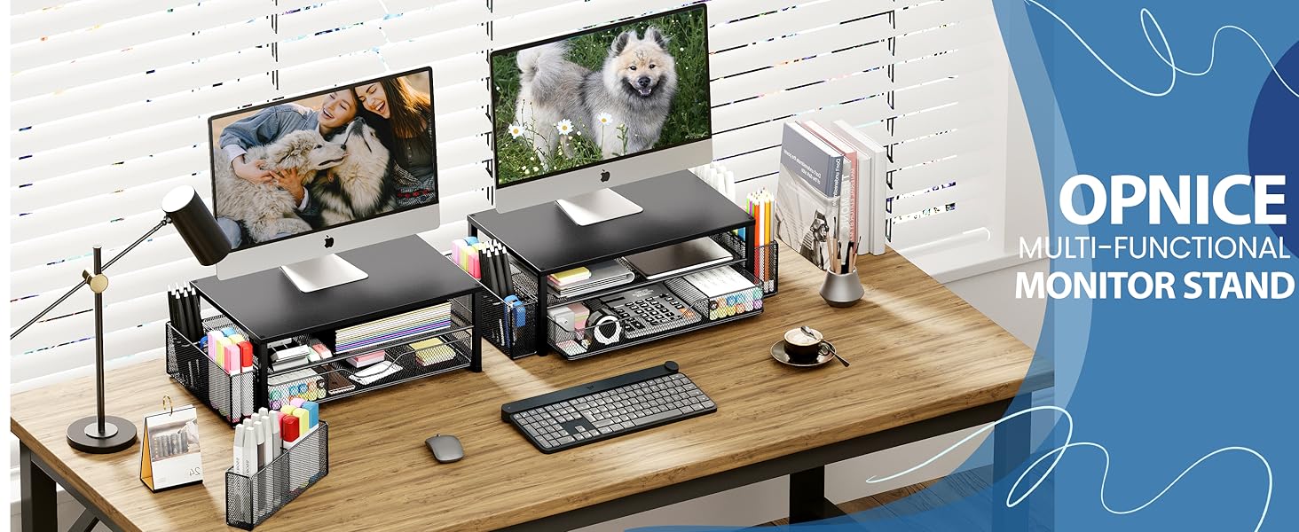 OPNICE Desk Organizer and Accessories, 2-Tier Computer Monitor Stand Riser with Drawer and 2 Pen Holders, Laptop Stand, Office Desk Accessories for Office Supplies, Black OPNICE Desk Organizer and Accessories, 2-Tier Computer Monitor Stand Riser with Drawer and 2 Pen Holders, Laptop Stand, Office Desk Accessories for Office Supplies, Black