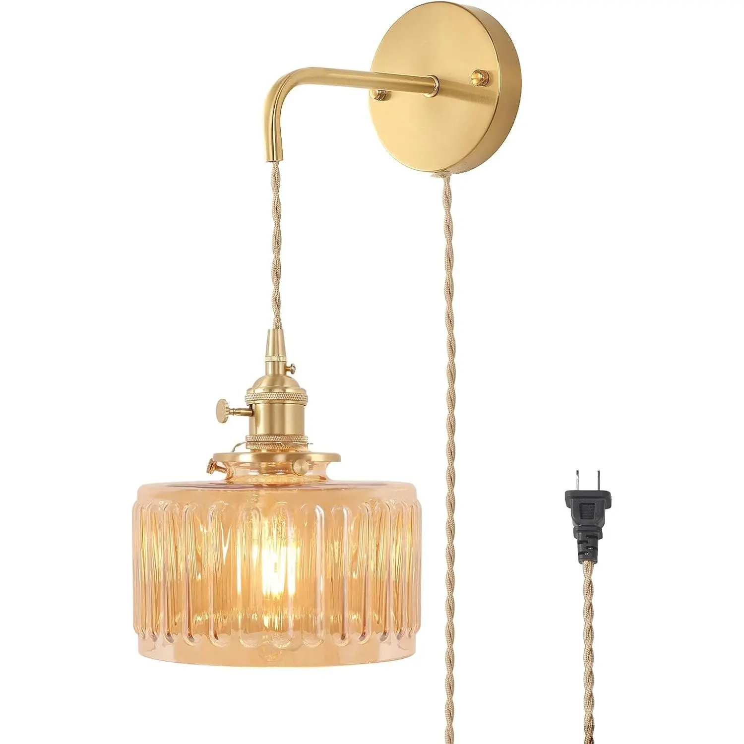 Vintage Wall Sconce Wall Lamp with Amber Striped Glass Shade Hanging Wall Sconce with 4.9FT Plug in Cord, Modern Wall Lamp Fixtures Decor for Bedside Bedroom Indoor Doorway