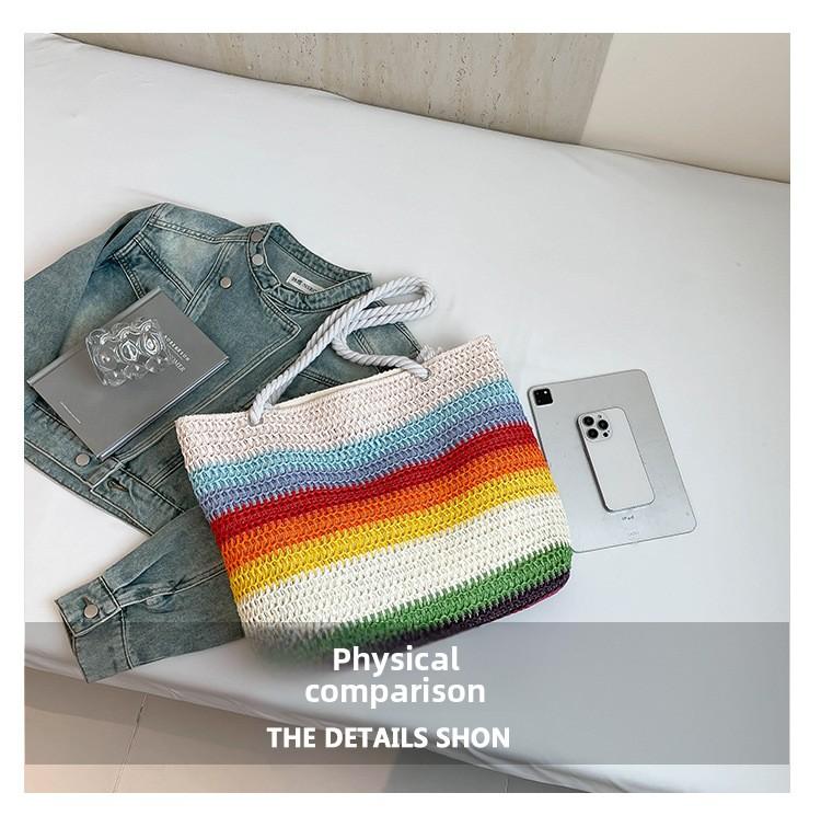 2026 New Women Fashion Shoulder Bag Rainbow Striped Color Block Straw Bag Large Capacity Beach Bag for Vacation