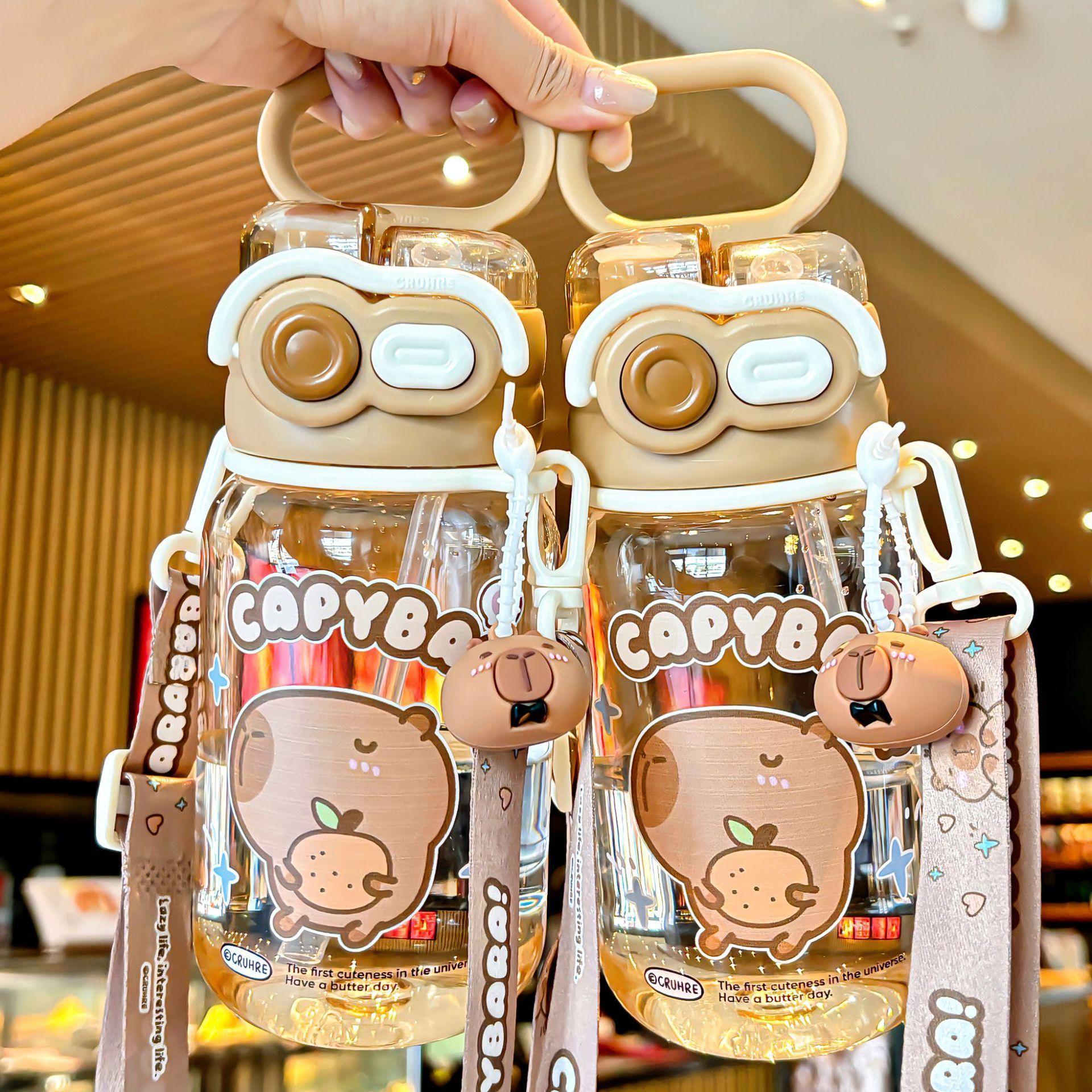 Capybara Cute Summer Kids Plastic Water Bottle for Students Girls kapibara Plastic Cup Portable Strap Children's Cup with Straw