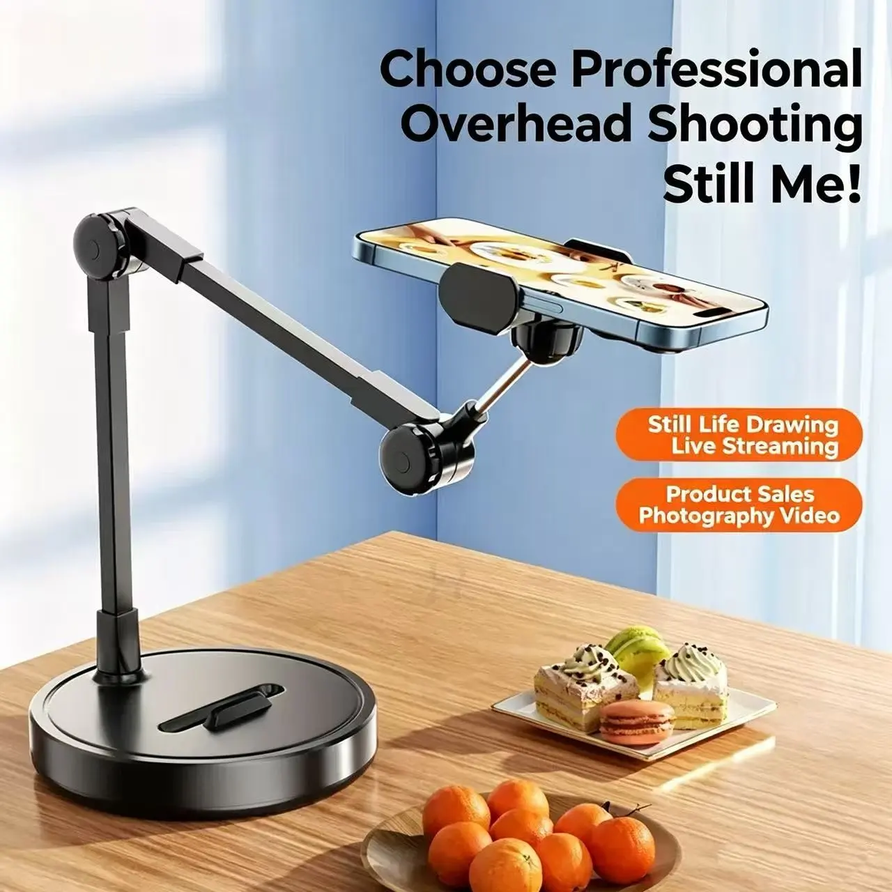 Adjustable Desktop Phone Tablet Stand, 360° Rotation, Flexible Folding Arm, Telescopic Holder for Smartphone, Tablet, Live Vlog