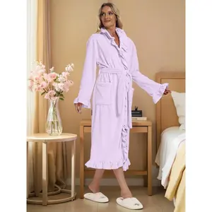 Women's Elegant Loose-Fit Flannel Ruffled Bathrobe, Long Sleeve French Sleepwear, Fall & Winter Warm Loungewear Home Wear with Pockets