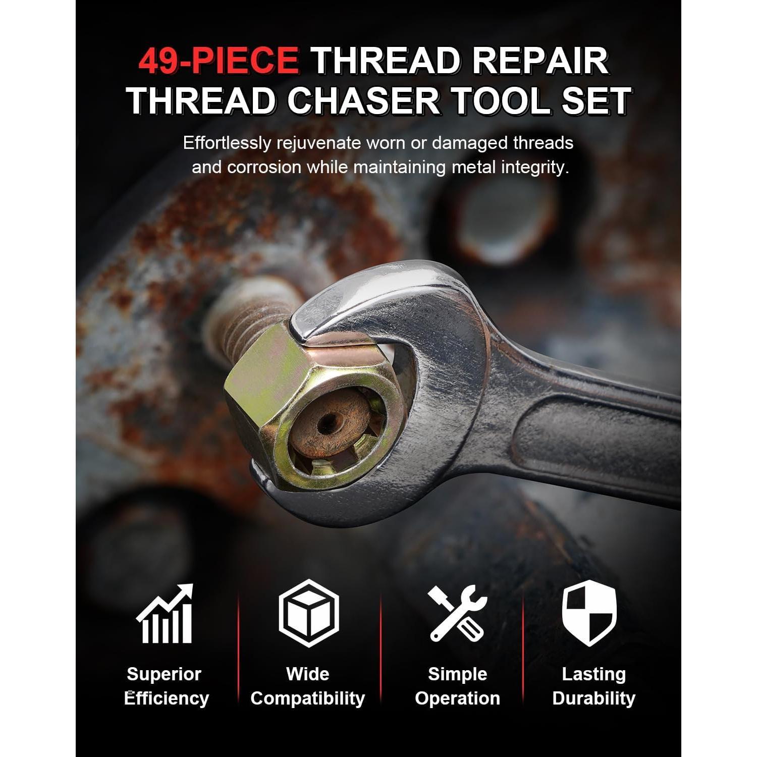 49- Thread Chaser Set, Rethread Repair Tool, UNC, UNF, & Metric Thread Repair Kit, Designed to Repair and Clean Damaged or Dirty Threads on Nuts, , and Threaded Holes