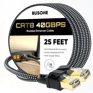 Cat 8 Ethernet Cable 25 FT, 40Gbps 2000Mhz High Speed Braided Internet Network Cable with Gold Plated RJ45 Connector, Heavy Duty UV Resistant S/FTP LAN Cable for Router Gaming PC, 15 Clips Included