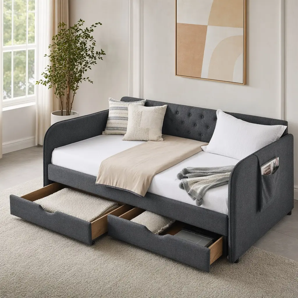 Mid-Century Linen Blend Dark Gray Twin Size Upholstery Daybed - Expandable Twin/King with Trundle, 2 Storage Drawers, Flat Arms with 1 Pocket, Drill-Required Indoor Room Furniture for Bedroom/Living Room