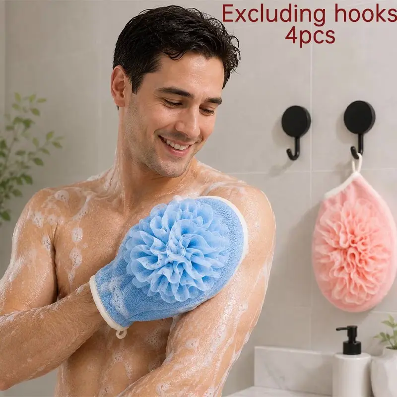 4 Pcs Bath Flower Gloves Set, Blue Men's Women's, Dual-Sided Scrubbing Foaming, Practical Bathroom Essentials, Reusable Design