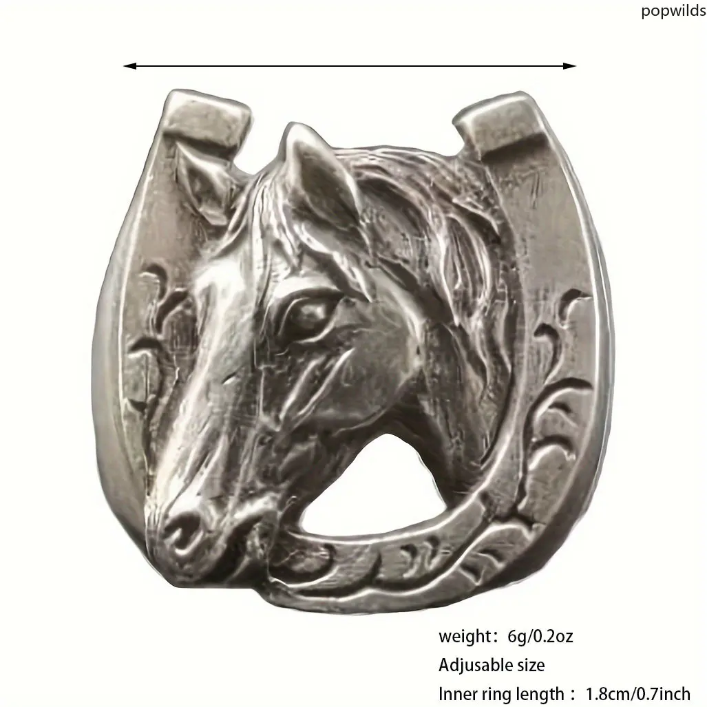 Unisex Vintage Tang Grass Horseshoe Zodiac Motif Ring - Adjustable Size, Distressed Look, MDF+Steel Open Band, Daily Wear INS Niche Unique Design Costume Jewelry Fashion Accessory Gift