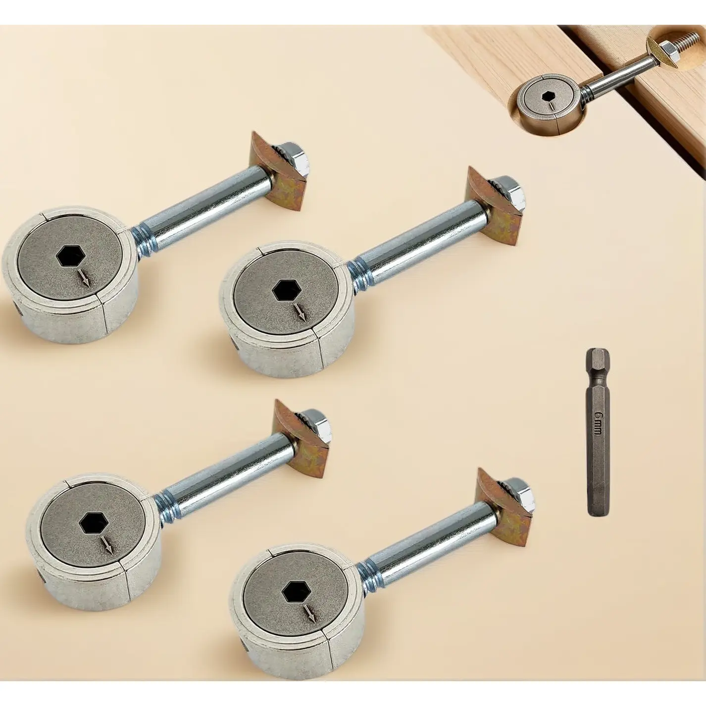 4-Pack Countertop Miter Connector Furniture Joining Kit, with 6 mm Hex Bit, for Butcher Block & Bed, Quick 1-Hand Fastening, DIY Scrapbooking Stamping Accessory, 4 Hex Bit