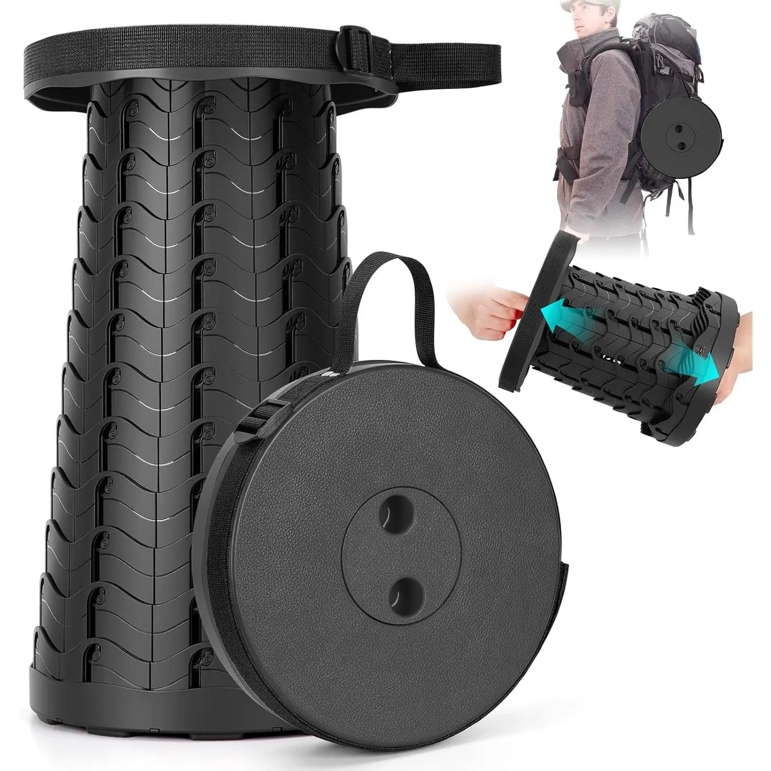 Collapsible Stool, Folding Chair - Upgraded Portable Chair with Load Capacity 400lbs, Portable Stool  Camping Fishing Hiking - Folding Tool with Carrying Straps,Gifts  Fisherman (Black)
