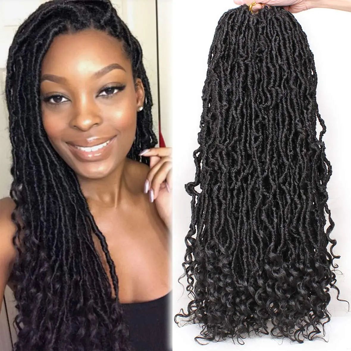 24 Inch Goddess  Faux  Crochet Hair 2 Packs Long Soft  Crochet Braids Hair With Curly Ends  Black Synthetic Bohemian  Braiding Hair for Women 12 Strands/Pack 1B#