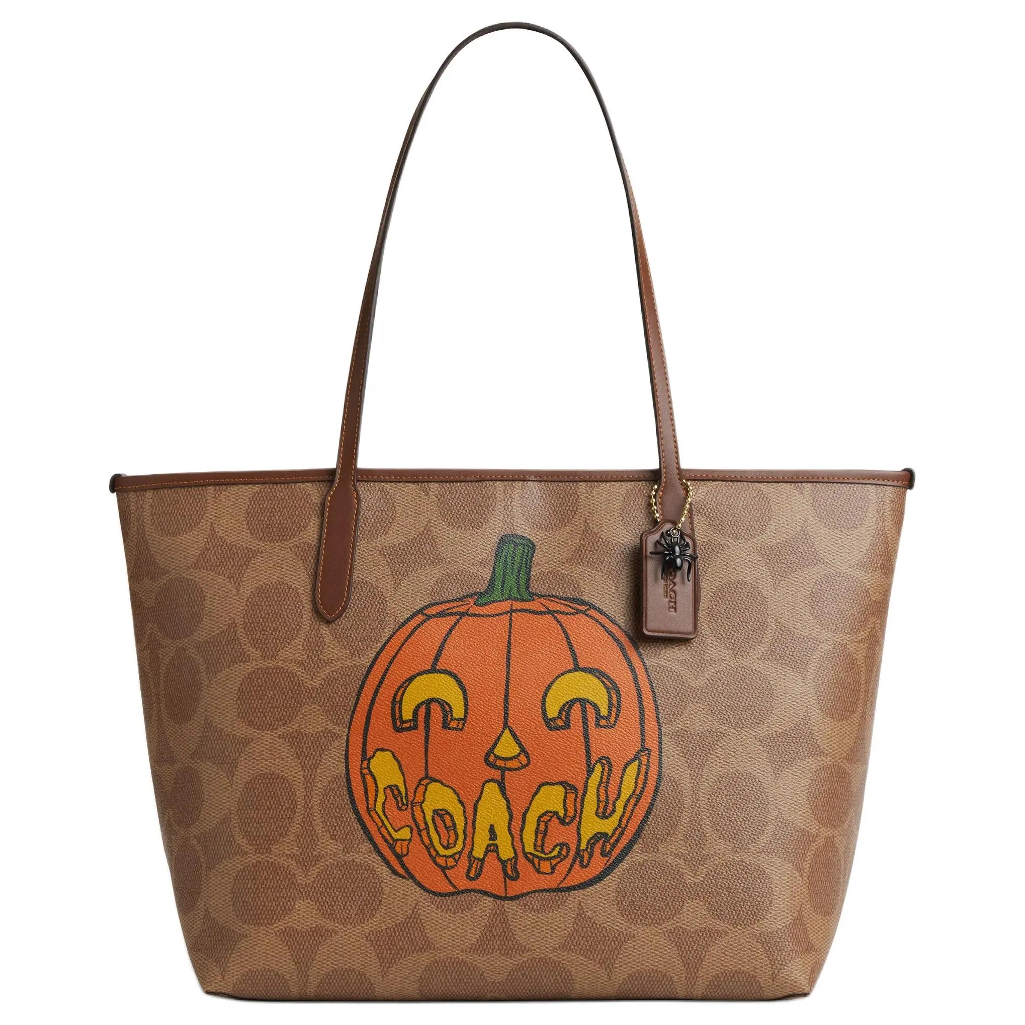 Coach City 33 Halloween Print Tote Bag for Women, Classic Logo Style, Tan and Brown Faux Leather