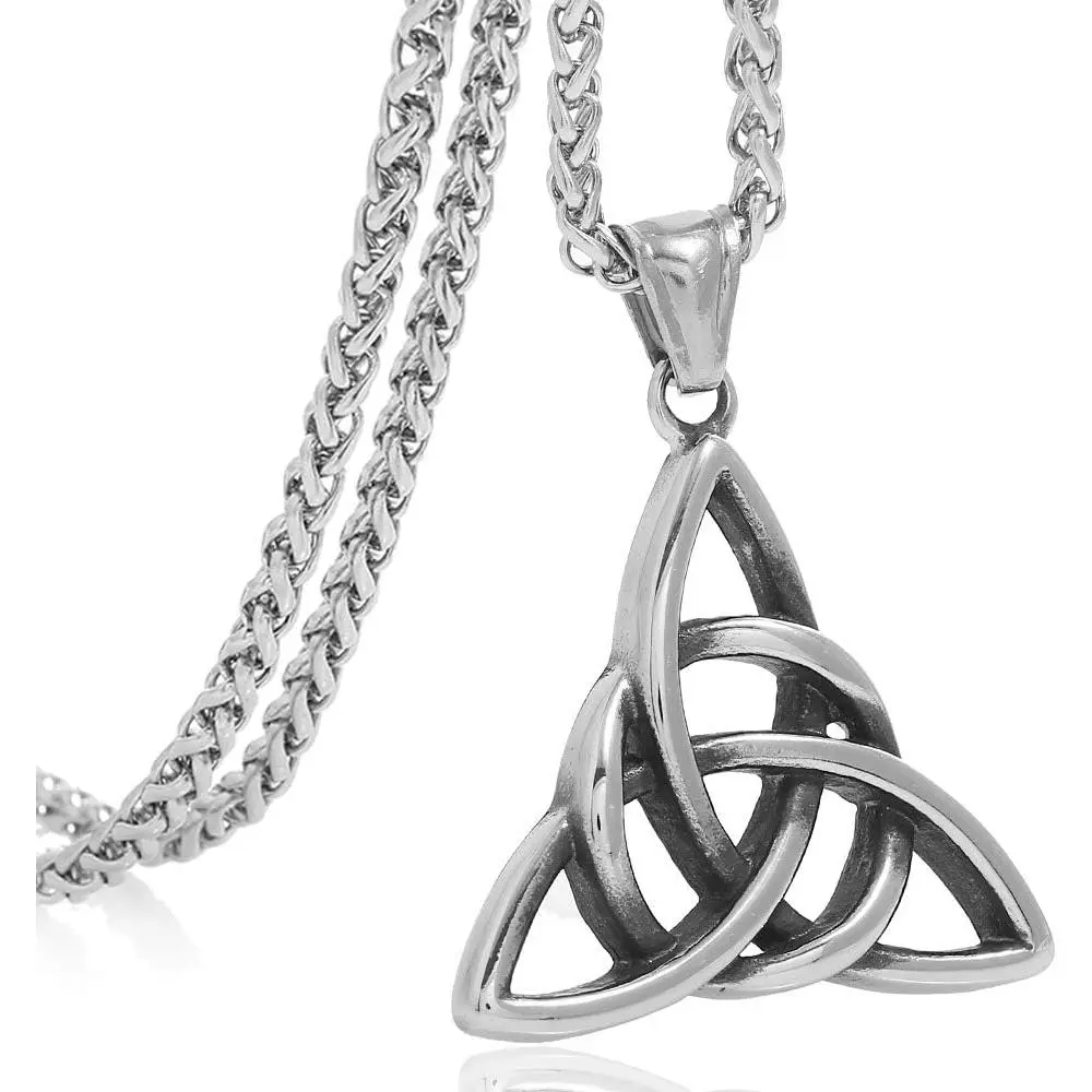 Men's Stainless Steel Irish Triquetra Celtic Knot Trinity Pendant Necklace with 24 inch Keel Link Chain Unisex