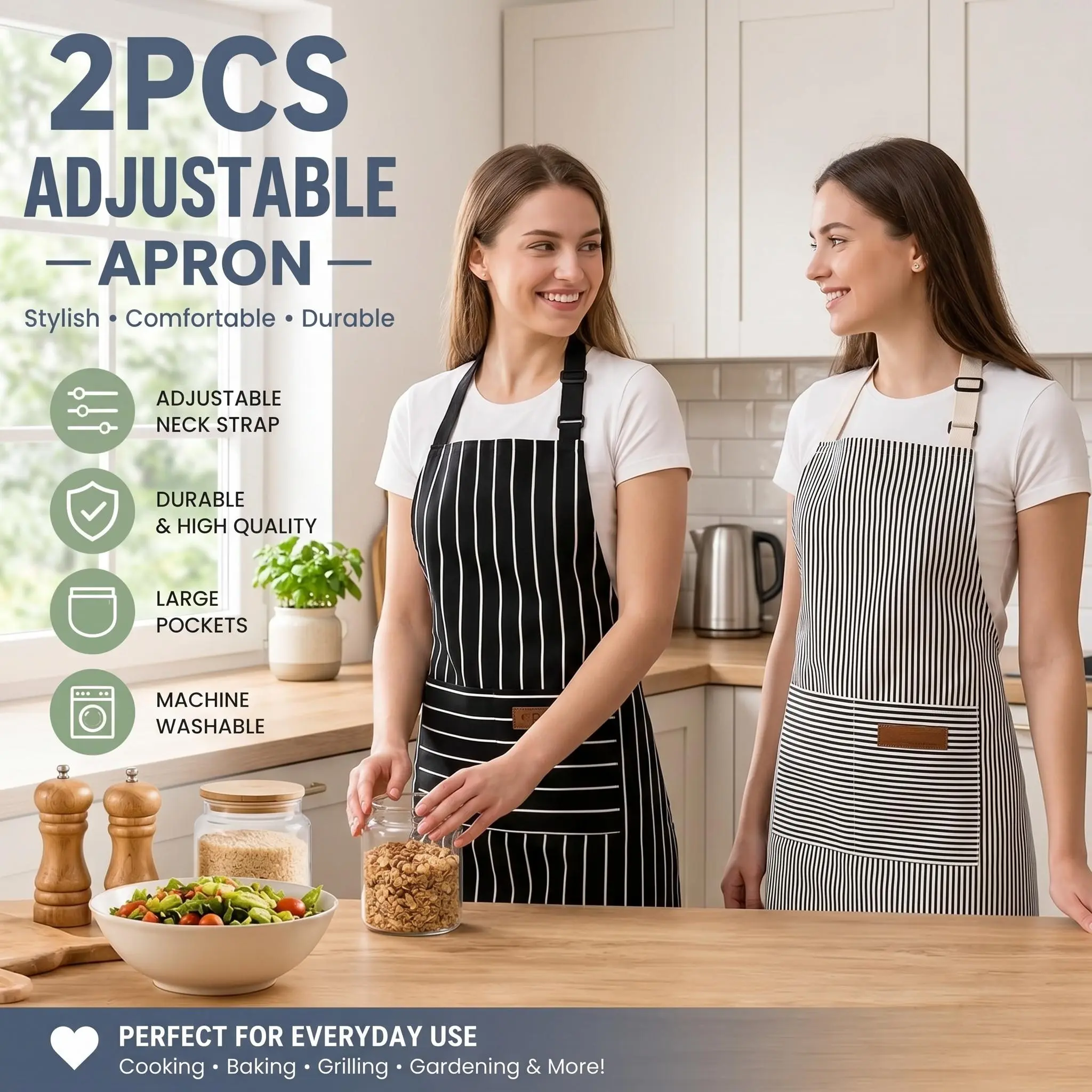 2 PCS Kitchen Cooking Aprons for Women and Men Adjustable Chef Apron with Pockets Multicolor -YY1