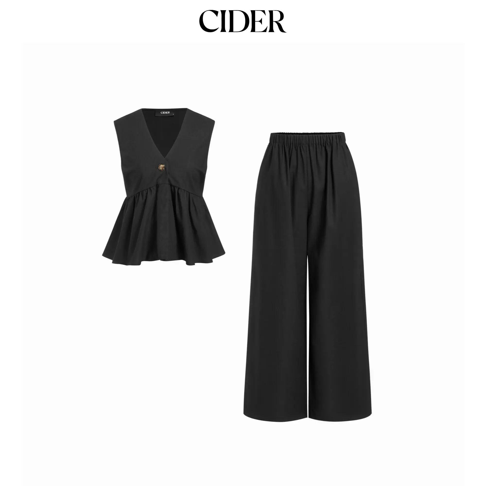 Cider Linen-blend V-neck Ruched Peplum Top & Mid Rise Wide Leg Trousers Set SohoChic