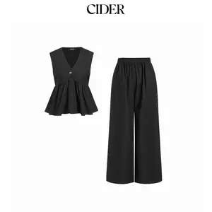 Cider Linen-blend V-neck Ruched Peplum Top & Mid Rise Wide Leg Trousers Set