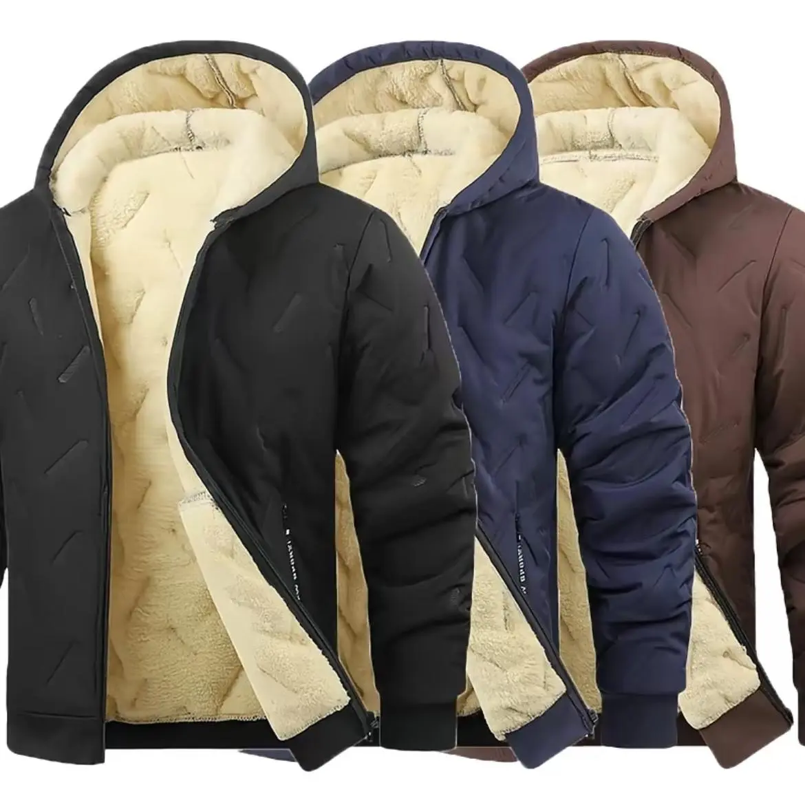 Men's Basic Vintage Knitted Fleece Hooded Jacket - Long-sleeved polyester men's coat, with full zipper design and zipper pockets, suitable for wearing in autumn and winter seasons and for Thanksgiving.
