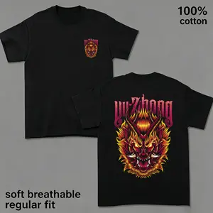 Men's Yu Zhong Fire Dragon Graphic T-Shirt, 100% Cotton Breathable Regular Fit Black Tee, Double-Sided Oriental Dragon Print Streetwear, Comfortable Short Sleeve Mythical Creature Casual Top, Bold Red Gold Dragon Head Design Daily Wear Shirt