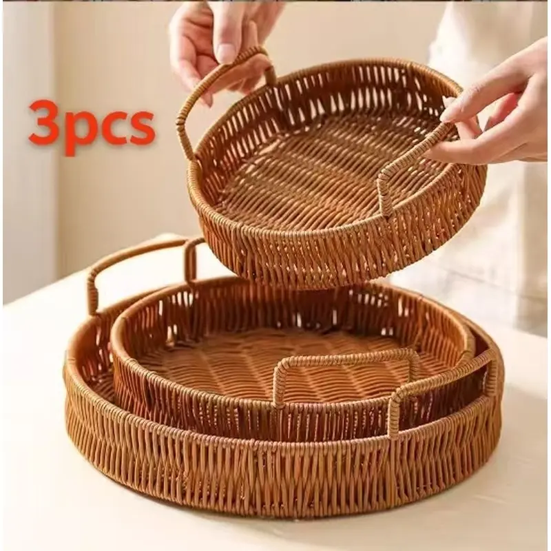 3-piece woven bread basket-round hard-eared rattan food basket tray for holding, storing and displaying | Perfect for bread, fruits, snacks, vegetables, kitchen and dining decoration.