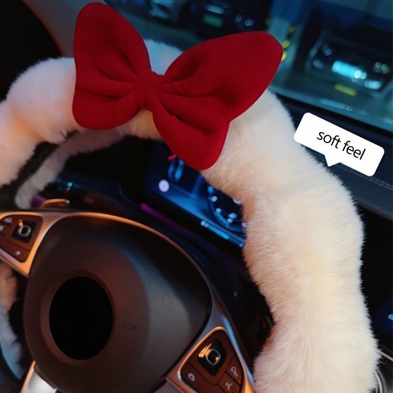 2026 NEW Plush Winter Car Steering Wheel Cover – Soft Polyester Interior Accessory with Cute Bowknot, Warm Non-Slip Fit for All-Season Comfort