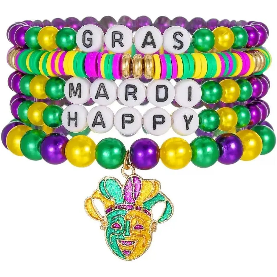 Mardi Gras Stackable Beaded Bracelets  for Matching Women Mardi Gras Outfit Shirts Mask Earring
