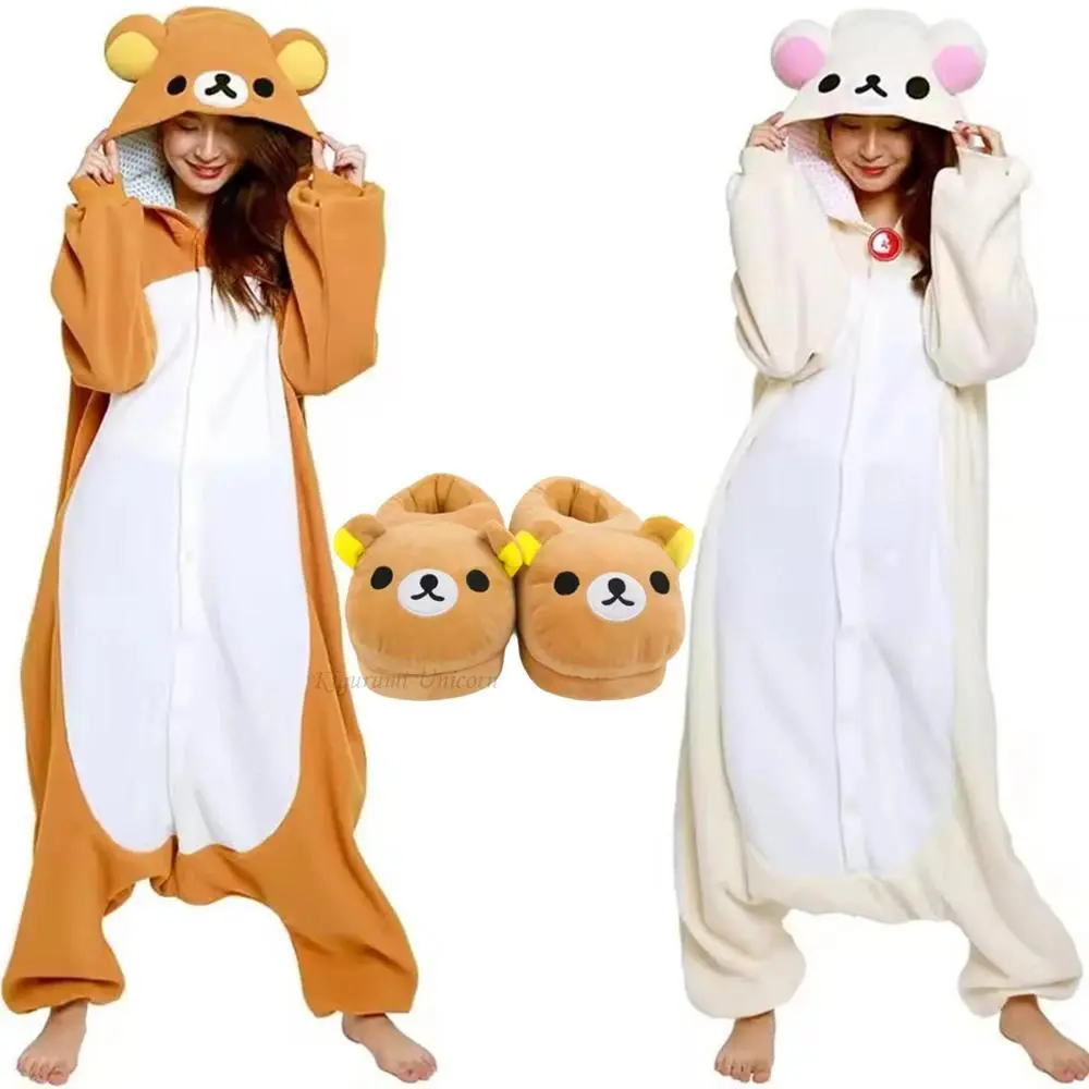 Halloween Christmas Cartoon Bear Pajama Rilakkuma Kigurumi Unicorn Adult Anime Jumpsuit Cute Cartoon Sleepwear Buttons Slippers