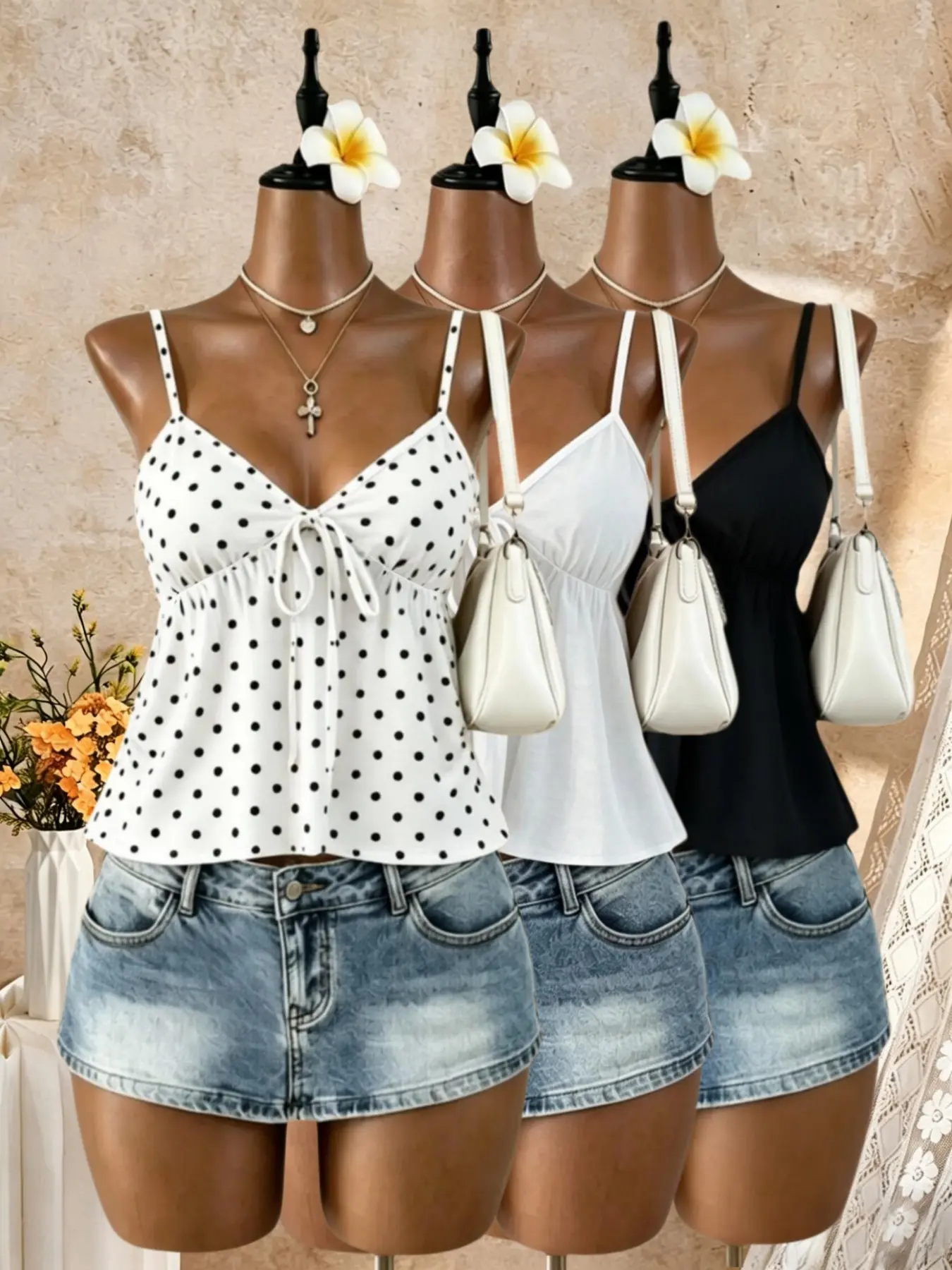 Women's Summer Sleeveless Halter Top Set, V-Neck Front Bow, Bell Bottom, Short, Thin Straps, Spaghetti Strap, Lightweight Casual Beachwear, Three-Piece