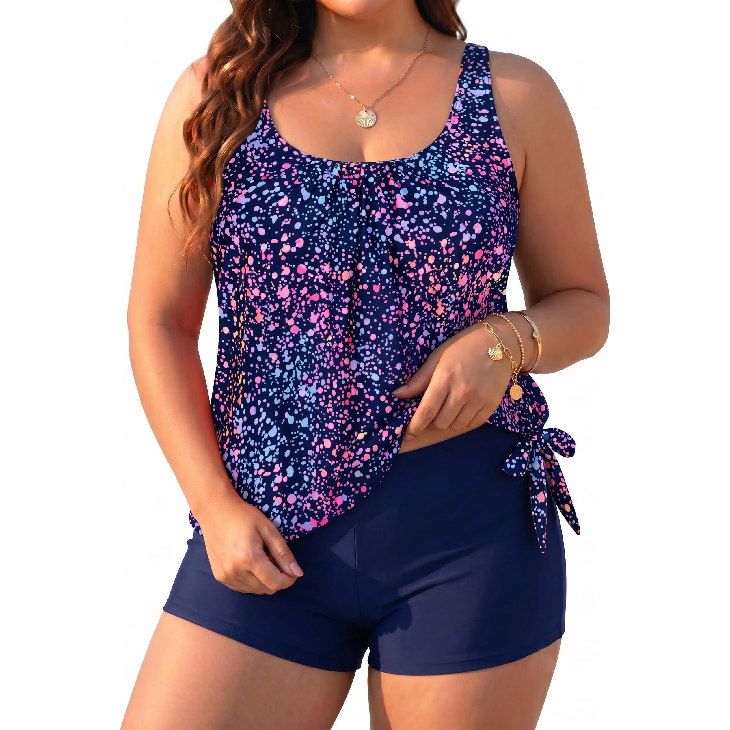 Holipick Black Plus Size Swimsuit for Women Two Piece Tankini Set Tummy Control Bathing Suits Blouson Tankini Top with Boy Shorts