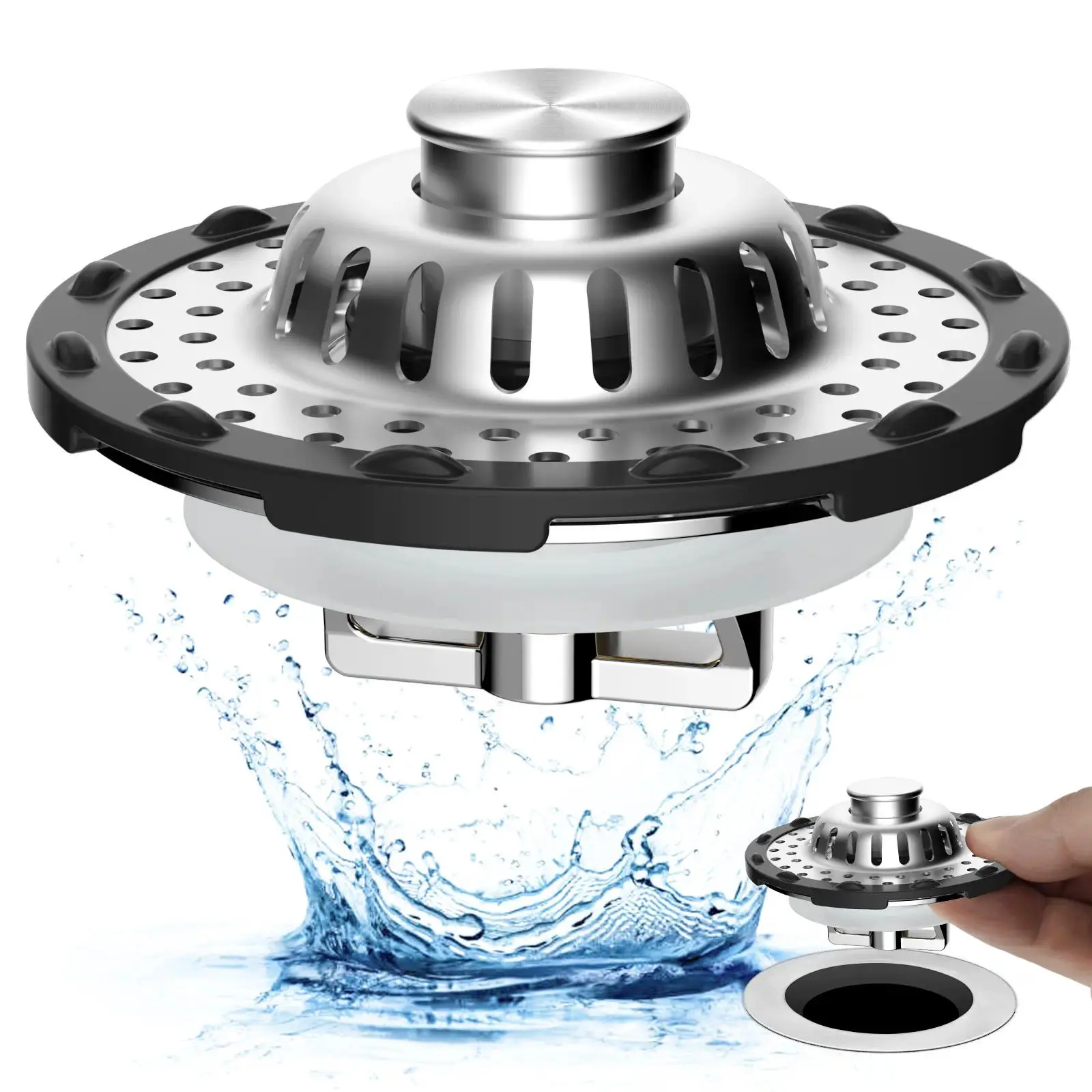 3-in-1 Pop-up Sink Stopper - 1 Pack Chrome, Visible Top Hair Catcher, Detachable Stainless Steel Filter Basket, Fits 1.5-2.4in Standard Holes, Modern Bathroom Fixture