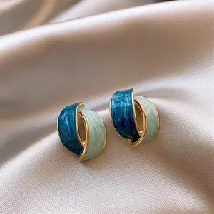 Enamel Stud Earrings for Women, Concise Geometric Cross Design in Contrast Blue, Korean Style Double Arc Alloy Jewelry