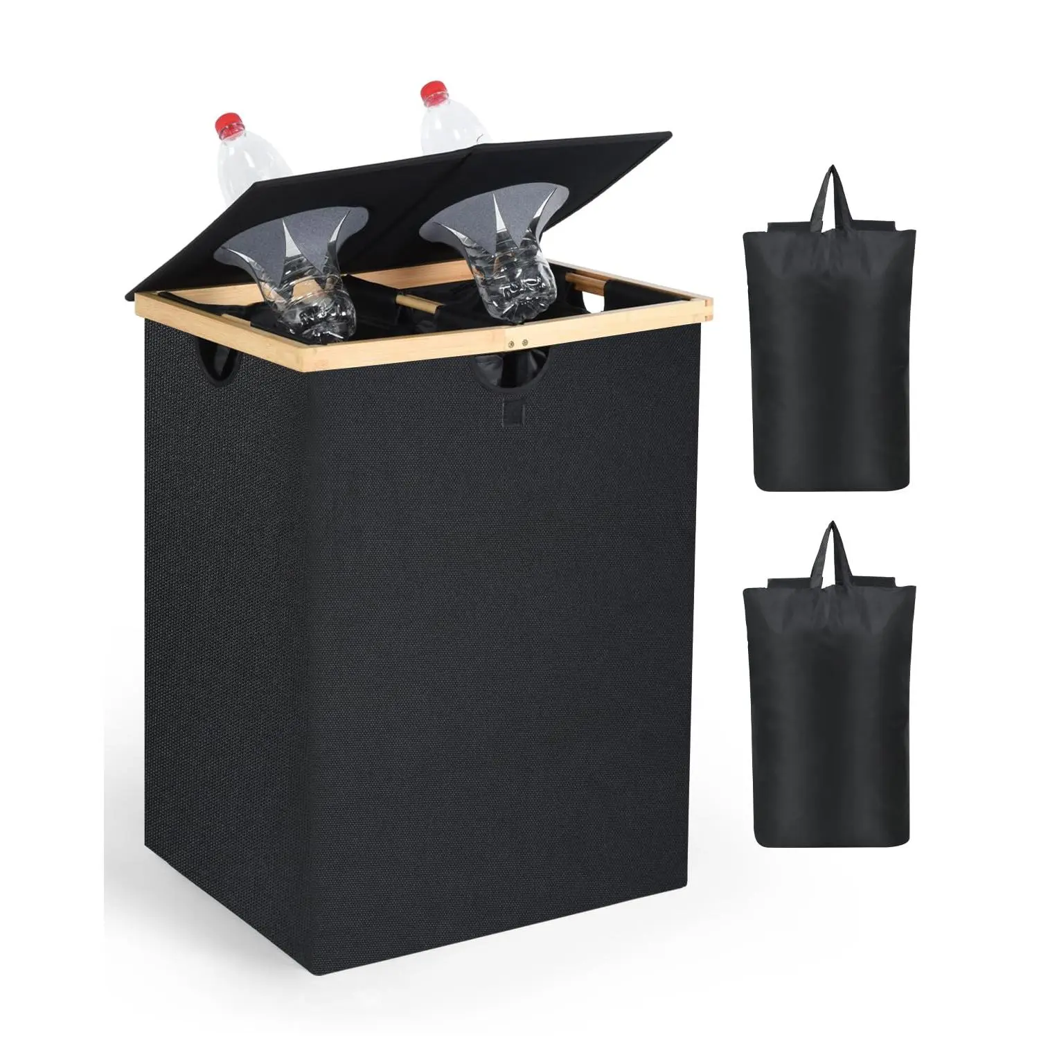140L Recycling Bin for Kitchen, 2 Compartments Large Home Recycle Bin with Lid with 2 Removeable and Reusable Inner Bag for Bottle Can Glass Waste Plastice, Black