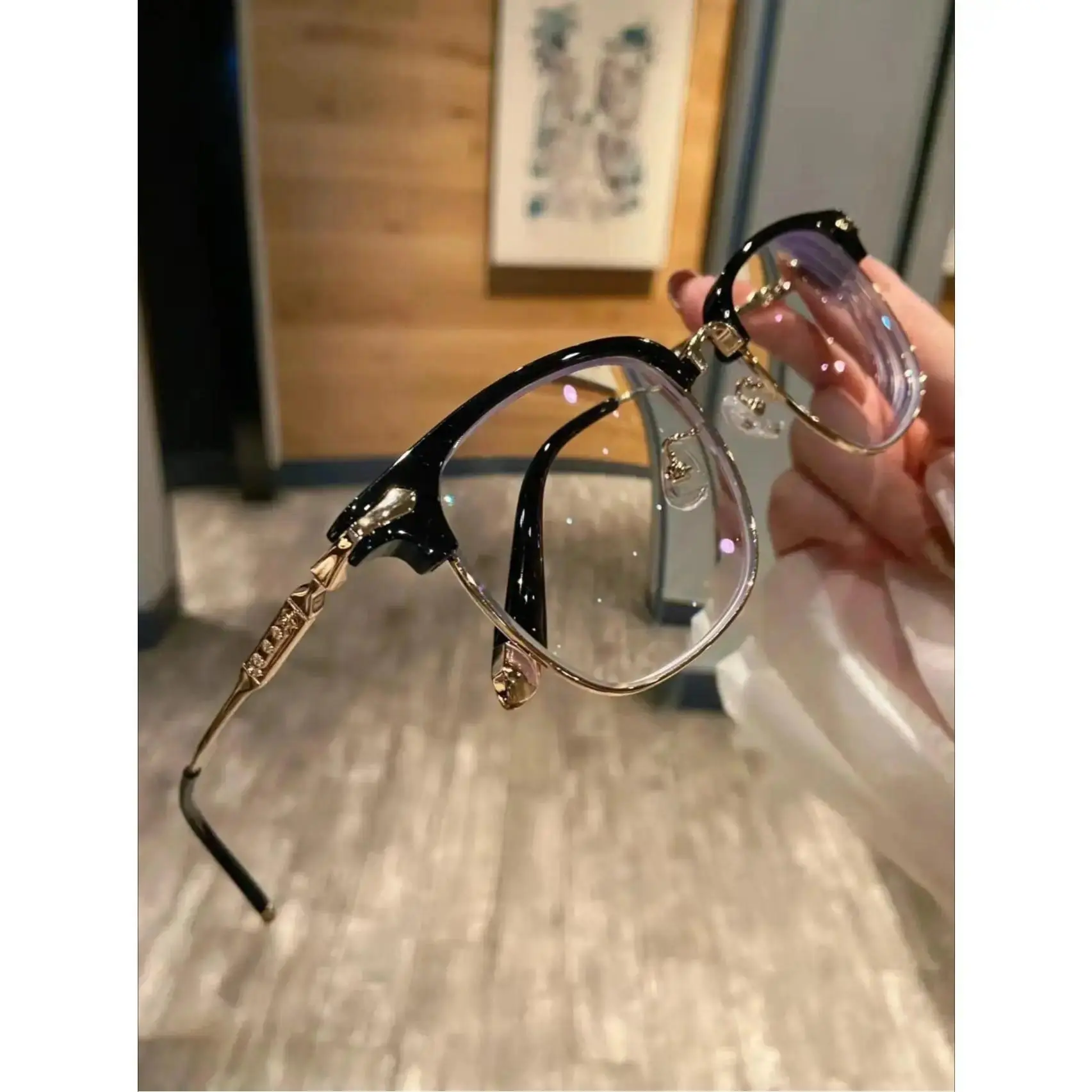 Vintage Gothic Blue Light Glasses, Browline Cross Carved Frames for Women, Stylish Computer Eyewear for Work & Daily Wear
